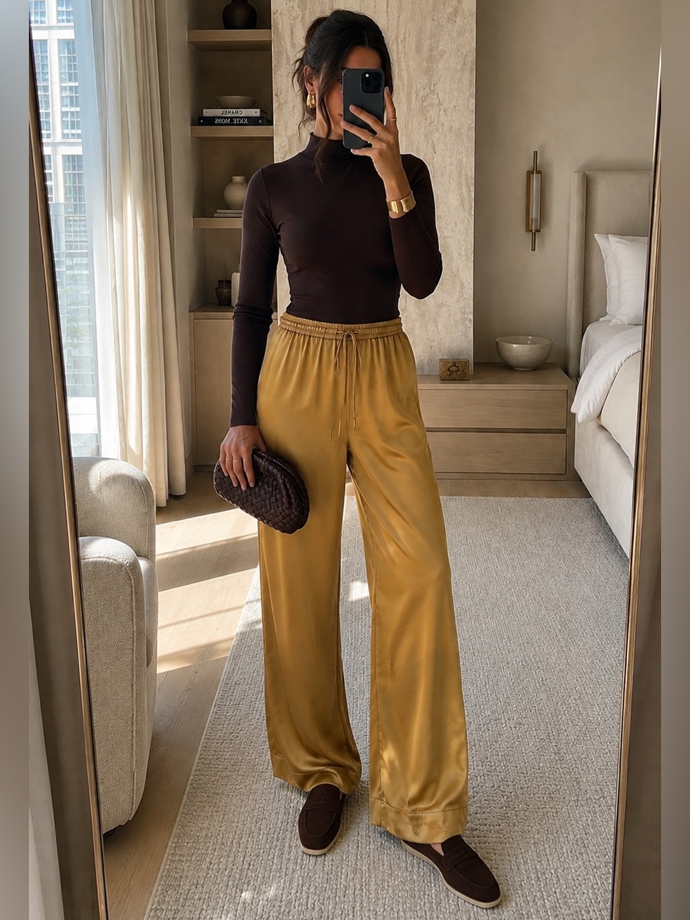 Maison d’Amélie Paris Gold Satin Wide Leg Pull-On Pants XS NWT